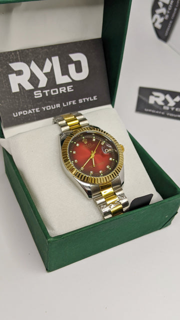 Rolex Red Stone Dial Two Tone