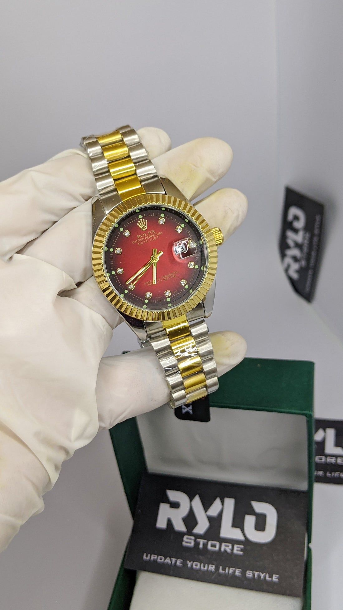 Rolex Red Stone Dial Two Tone