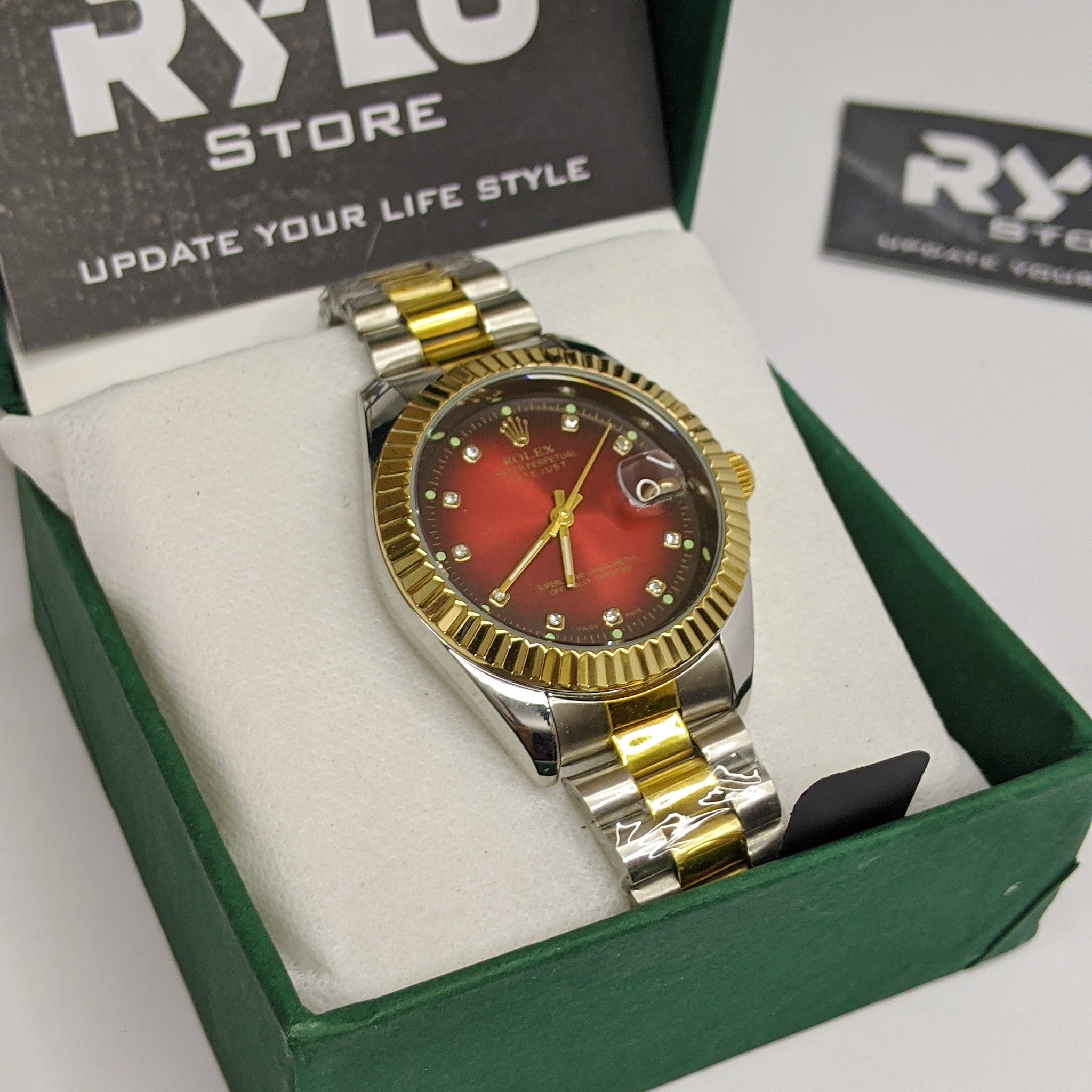 Rolex Red Stone Dial Two Tone